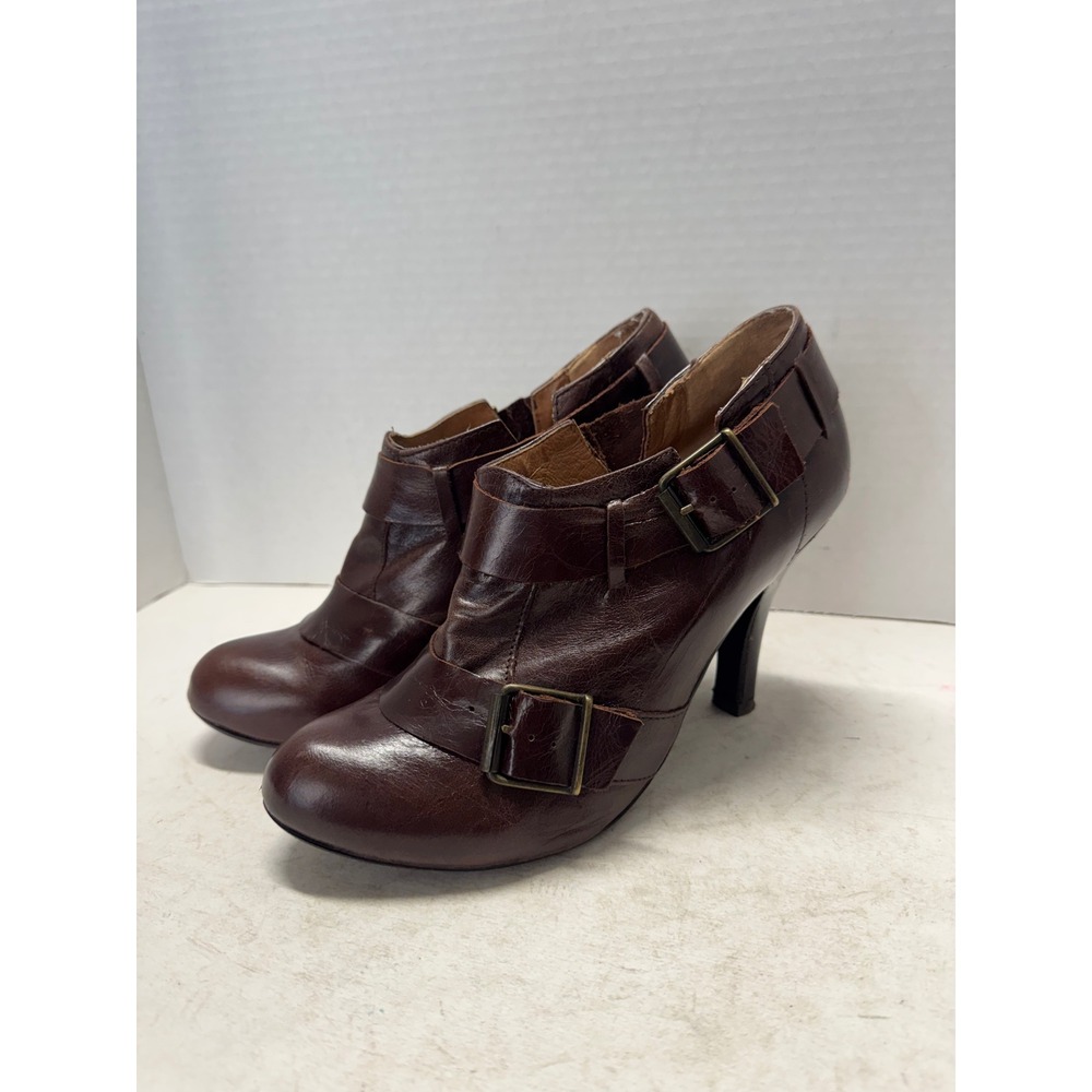 Schuh Brown Leather Double Buckle Ankle Boots Made in Spain Size 39 8.5
